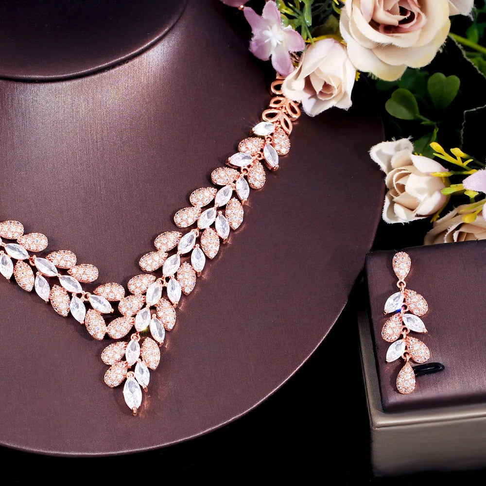 Premium Cubic Zircon Necklace Earring Luxury Leaf Design Dubai Gold Color Jewelry Set for Women Engagement Party Accessories