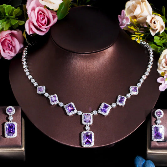 Bulk Luxury Purple Cubic Zircon Halo Setting Jewelry Set Copper Alloy Necklace and Drop Earrings for Women Wedding Party Gifts