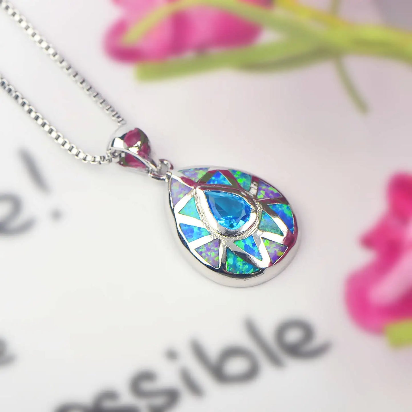 Aobao Christian Copper Link Chain Silver Plated Water Drop Necklace Colorful Patchwork Heart Pendant Inlaid Opal Wholesale