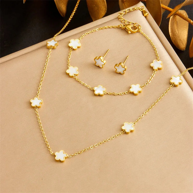 Gold White Flower Necklace, Earrings & Bracelet Jewellery Set | Feminine Fashion Set