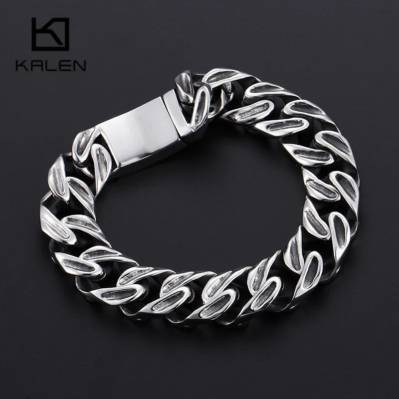 KALEN Gothic Biker Jewelry Punk Charm Bracelets Men 21.5cm Stainless Steel Skull Cuban Link Chain Wrap Bangle
