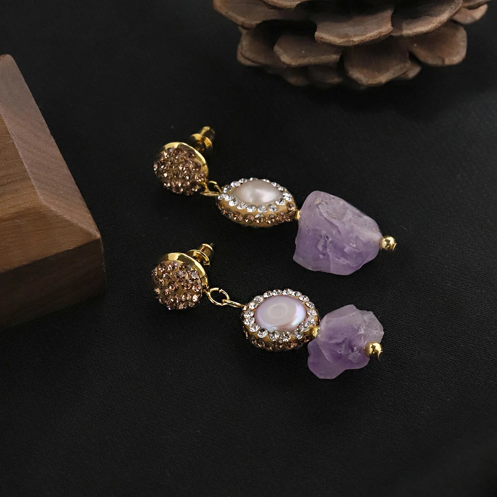 Natural Baroque Pearl Amethyst Pendant Earrings for Women Korean Classic Vintage Fashion Jewelry Stud Earrings GE1604