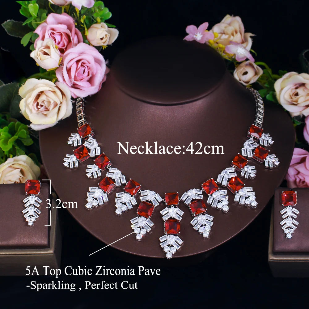 Luxury Exaggerated Women Necklace and Earring Cubic Zircon Elegant Royal Red CZ Jewelry Set for Lady Evening Party