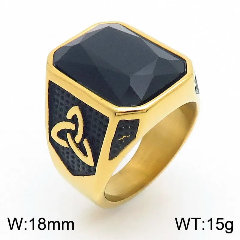 Kalen Vintage Viking Jewelry Luxury Court Style Gemstone Carved Zircon Inlays Stainless Steel Men Rings