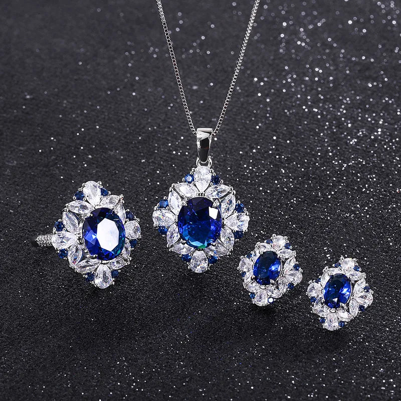 Delicate Eco-friendly Copper Dainty Floral Design Necklace Earrings Ring 3PCS Set 10*12/6*8mm Blue Zircon Flower Jewelry Set