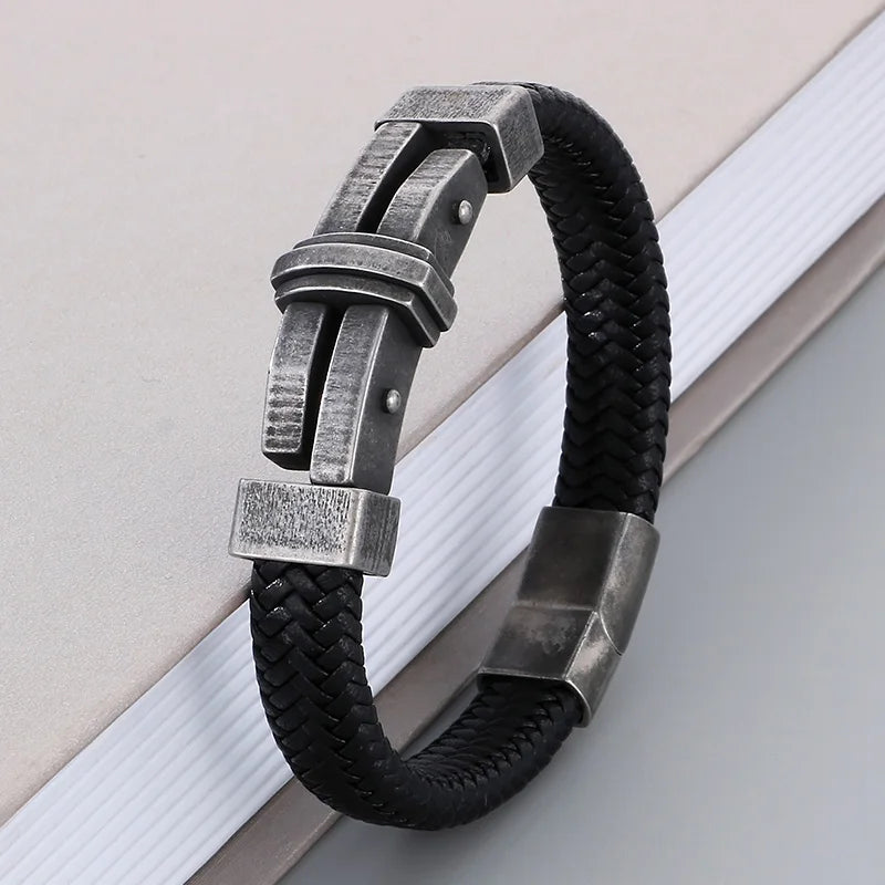 REBEL 210mm Vintage Premium Stainless Steel&Cowhide Leather Bracelet