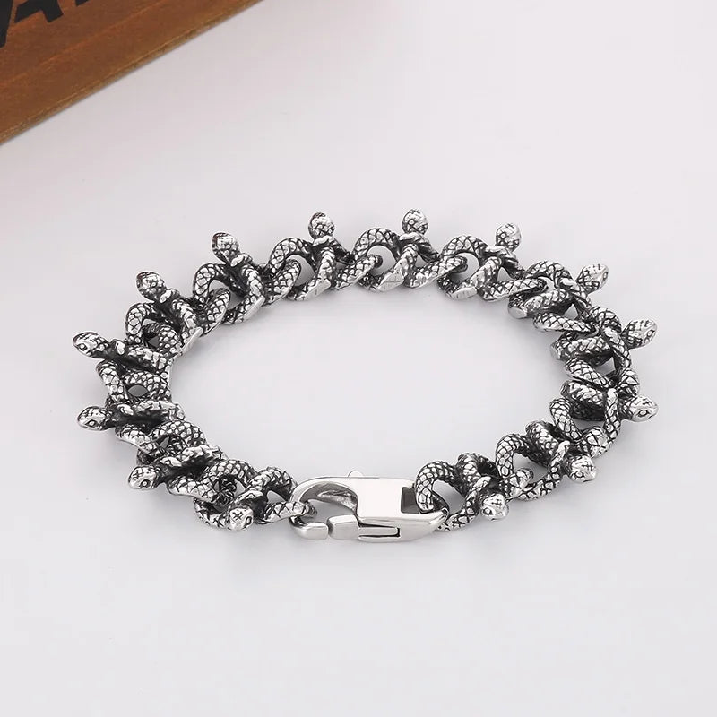 REBEL 210mm Men Punk Stainless Steel Vivid Tangled Snakes Links Bracelet