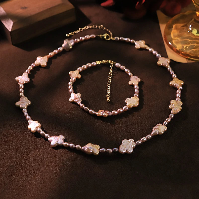 GLSEEVO Natural Purple Four Leaf Clover Baroque Pearl Jewelry Set for Women Daily Wear Pearl Necklace Bracelet Fashion Jewelry