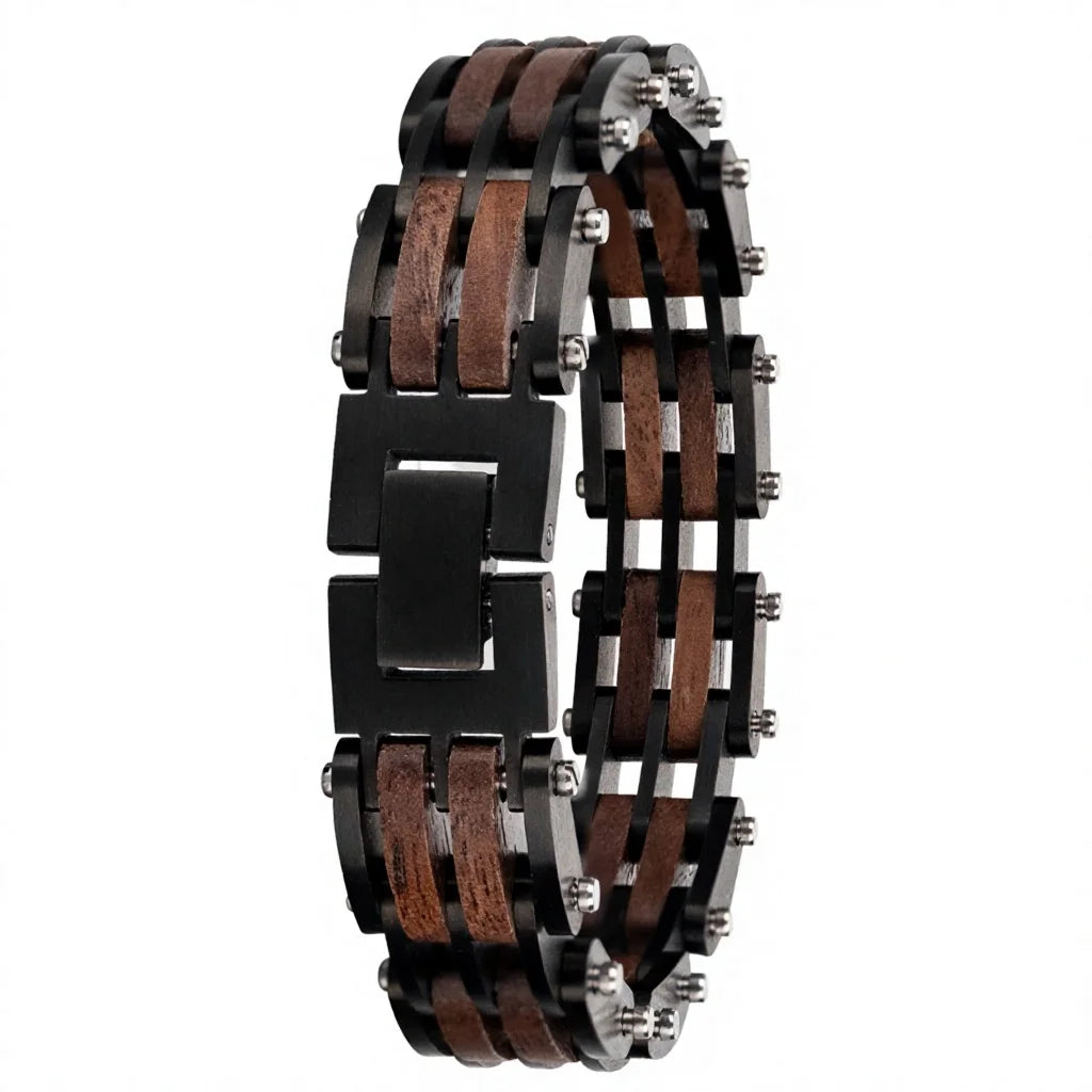 REBEL Natural Wood & Stainless Steel Punk Chain Bracelet