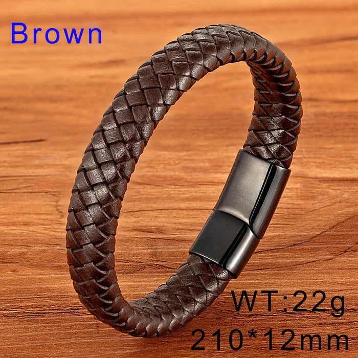 KALEN 13mm Width Men Mature Gold/Silver/Black Stainless Steel&Cowhide Leather Bracelet