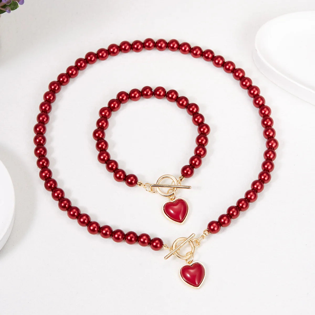 S&S Heart Charm Imitation Pearl Necklace & Bracelet Set – Collection