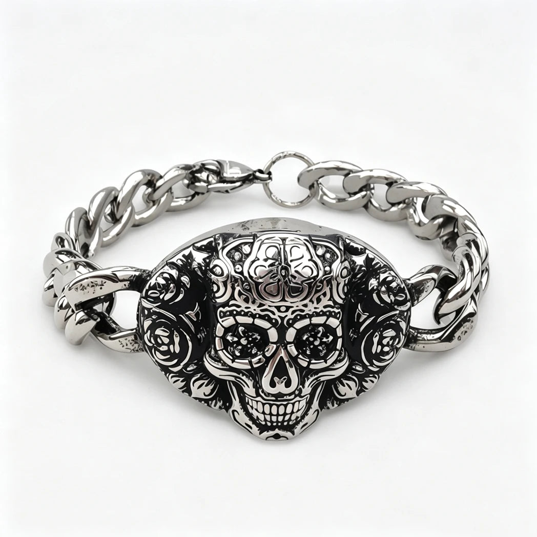 Vintage Men's Stainless Steel Bracelet Gothic Skull Celtic Knot Cross Cuban Chain Woven Braid Street Style Jewelry Gift