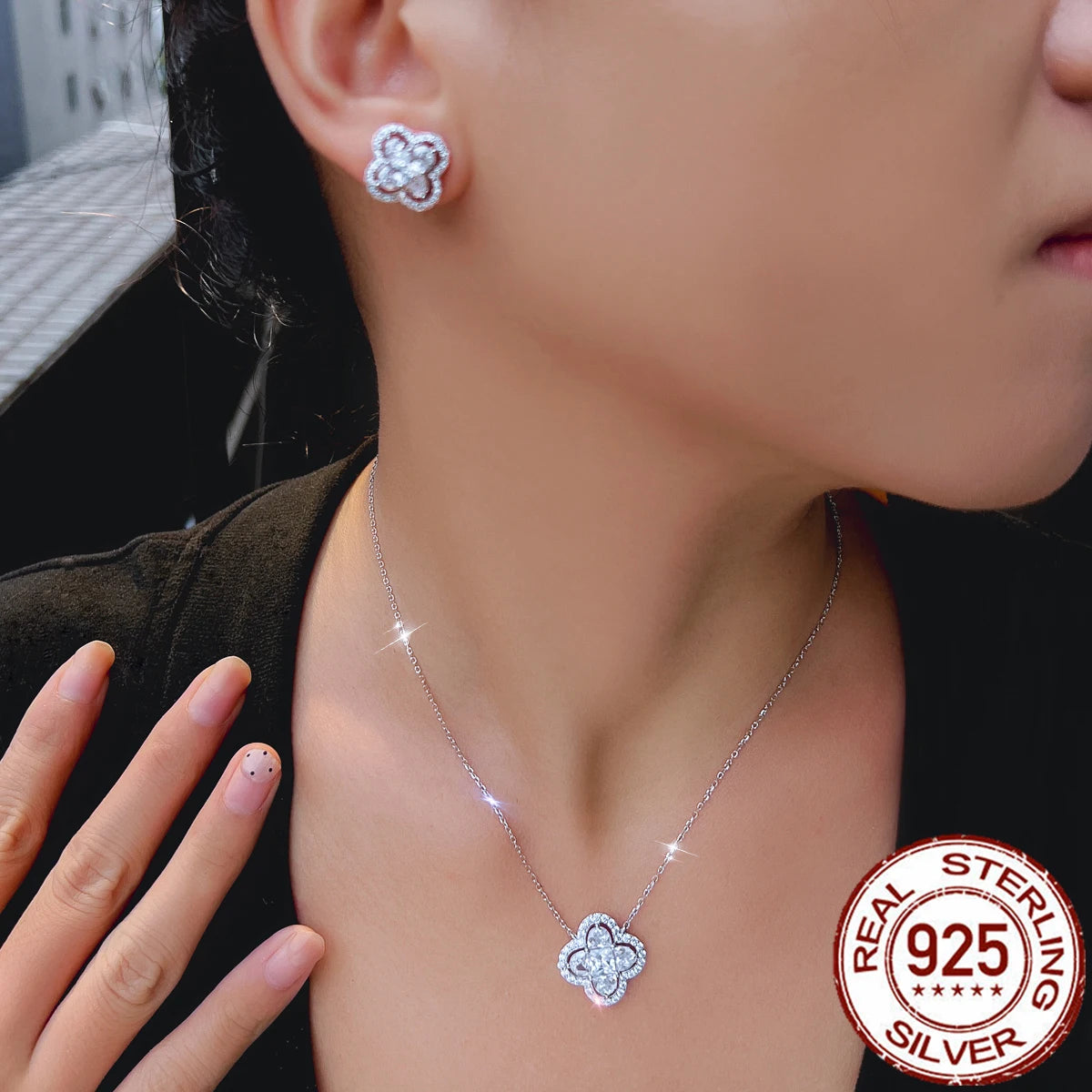 Real 925 Sterling Silver CZ Jewelry Set Pink Zircon Flower Dangle Pendant Stud Earrings Jewelry Set for Women Brides Daily Wear