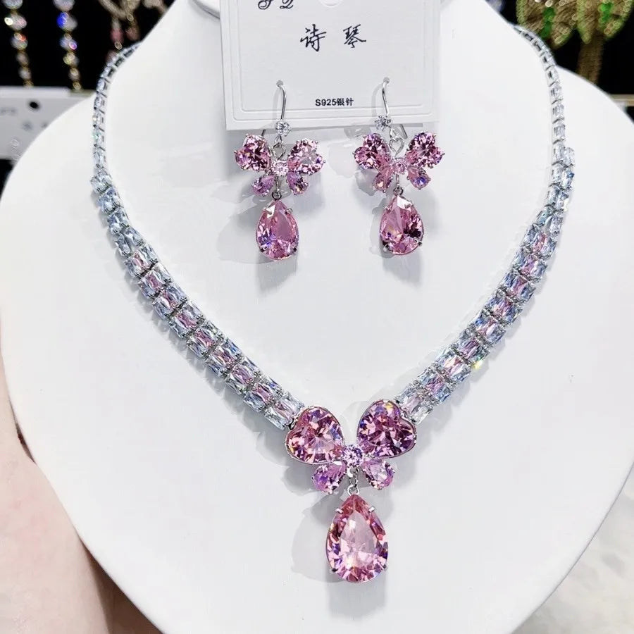 K090 Wholesale Women Trendy Luxurious Zircon Butterfly Bridal Necklace Earrings Set Wedding Elegant Jewelry Set