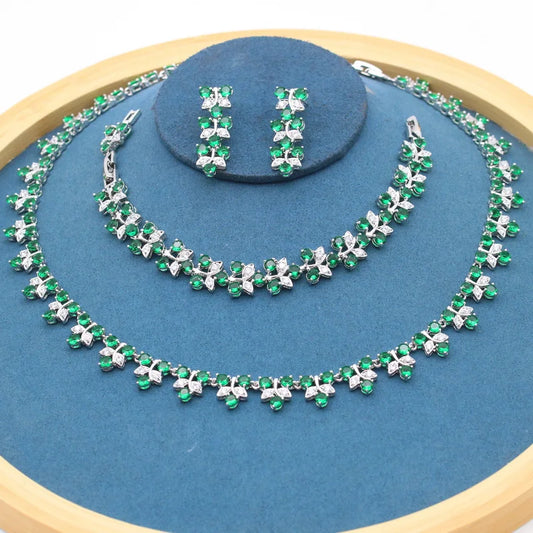 Luxurious 925 Sterling Silver Bridal Custom Jewelry Sets Green Semi-Precious Stone Classic Necklace Earrings Bracelet Wedding