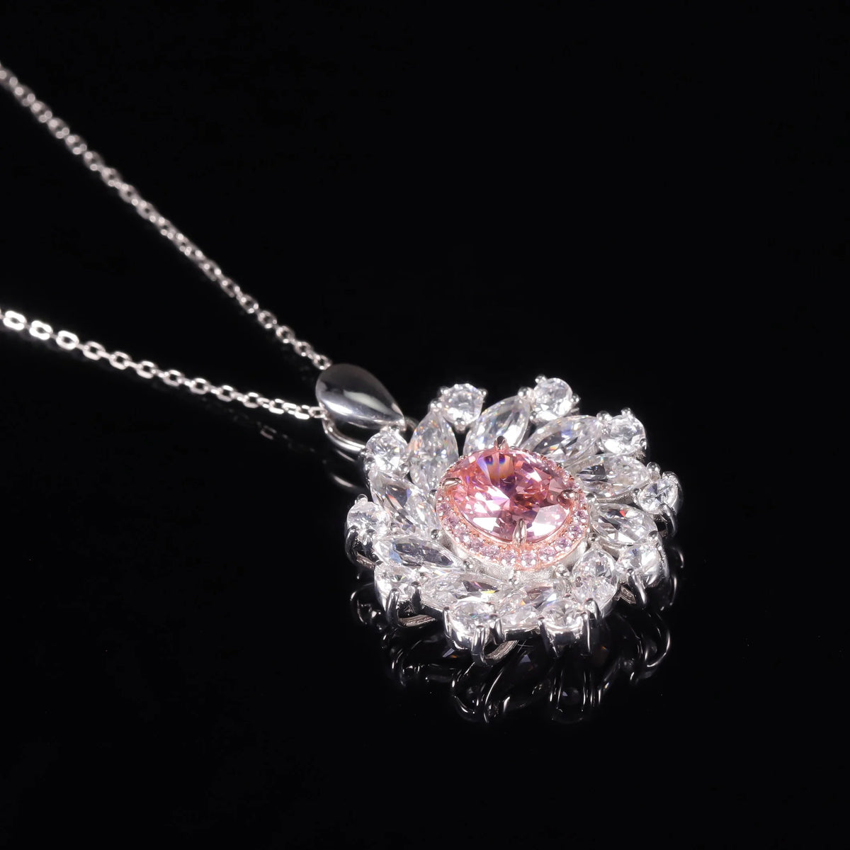 ArtistA AR338 Abiding Sumptuous Cluster Diamond-fire Padparadscha CZ 925 Silver Iced Out Pink Cz Halo Flower Pendant Charms Ring Set