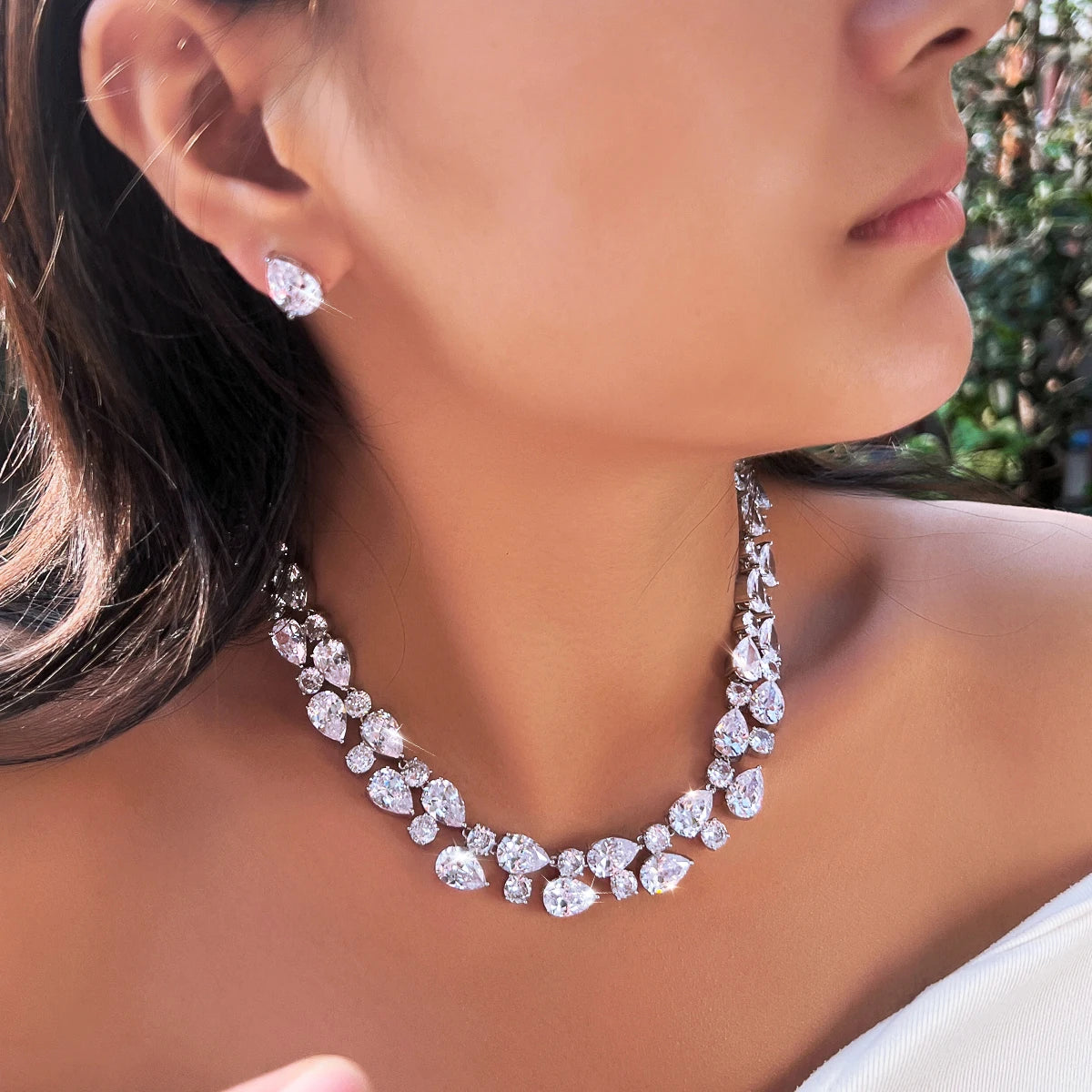 Stunning Rhodium Plated Round Tennis CZ Jewelry Set Cubic Zircon Drop Dangle Necklace Earrings Jewelry Set for Women Engagement