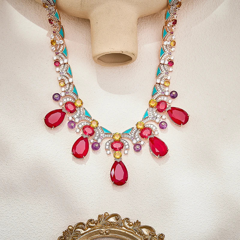 Pigeon Blood Red Zirconium Pear Shaped Sexy Women's Necklace Enamel High-end High-quality Brass Indian Jewelry Gift