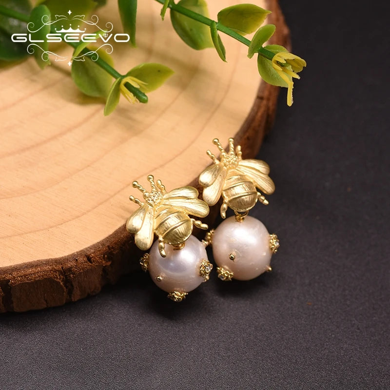 Natural Freshwater Big Pearl Drop Earrings for Women Wedding Engagement Bee Dangle Earrings Fine Jewelry