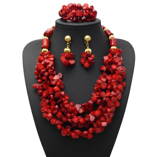 Zhuerrui Elegant Red Coral Beads Design Set Gold Accessories Necklace Sets Exquisite Craftsmanship Suitable for Party HF17041302