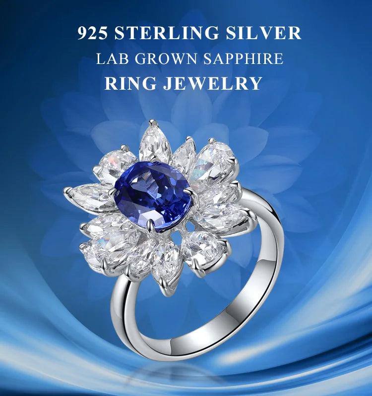 Gemfiori S925 Silver Cultivated Sapphire Ring Main Stone: 2.14CT Side Stones:6.6CT Weight:5.03 g