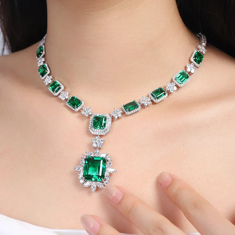 S&S Lab-Grown Gemstone Geometric Statement Necklace – Emerald & Paraiba – 925 Silver – Collection