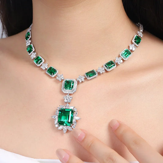 S&S Lab-Grown Gemstone Geometric Statement Necklace – Emerald & Paraiba – 925 Silver – Collection