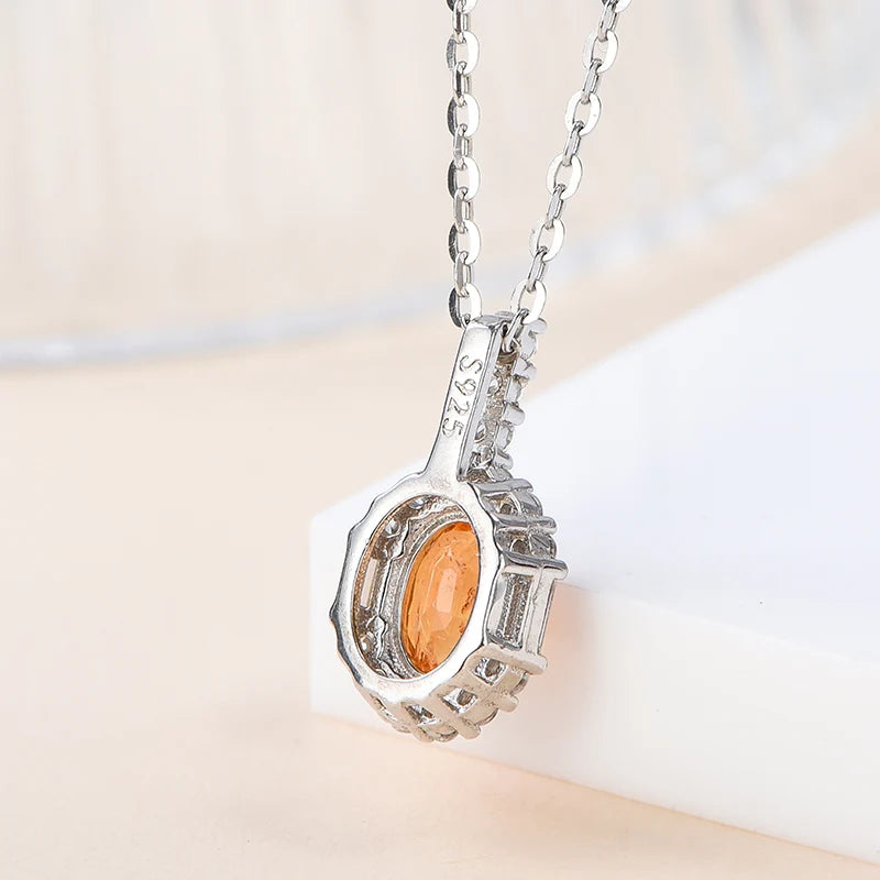 Gioiellieri Fine Jewelry Rhodium Plated 925 Silver Luxury Oval Cut Claw Setting Pendant Necklace for Women Natural Orange Garnet