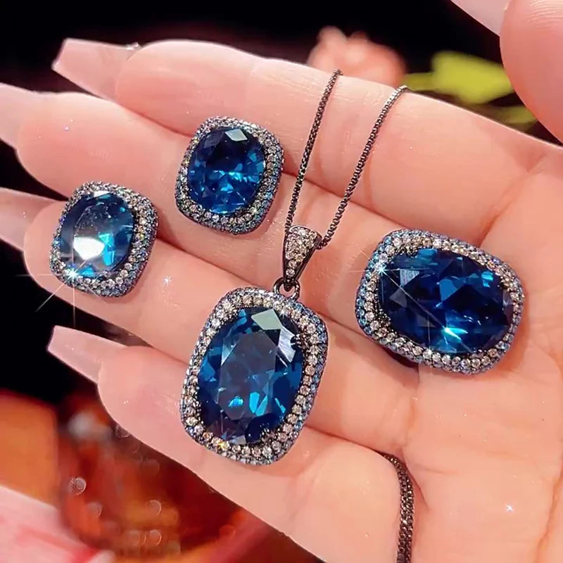 Gemfiori Luxury Vintage Gothic Royal Blue Sapphire Jewelry Set Black Gold Plated Cushion Cut Blue Gem Halo Pendant Necklace Earrings Ring