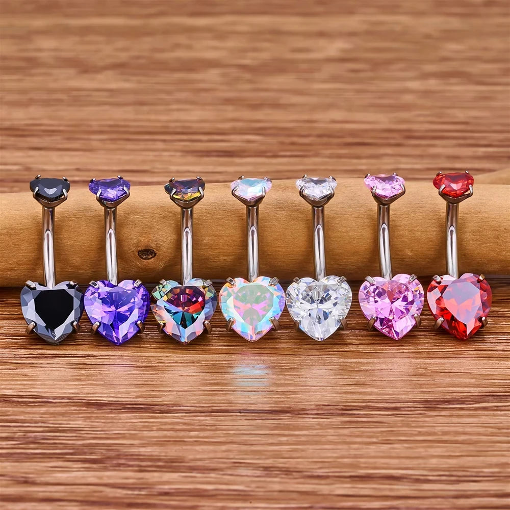 G23 ASTM F136 Titanium Navel Piercing 14G Belly Button Ring Double Heart Zircon Inlay Women Fashion Body Jewelry