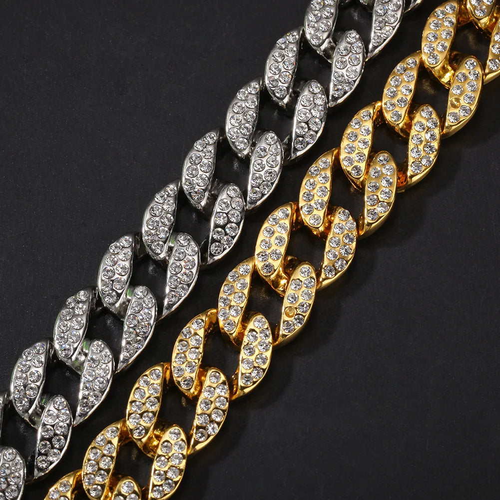 Classic Hip Hop Style 15mm Alloy Cuban Link Chain Set Geometric Rhinestone Crystal Rhodium Plated Trendy Beads for Anniversary