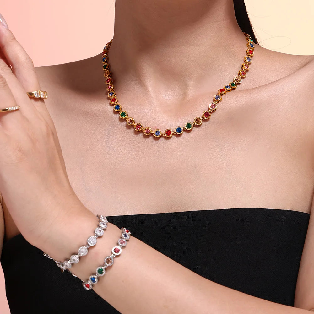 REDheart New Stainless Steel Full Drill 3A Zircon Mixed Color Bracelet PVD Vacuum Electroplating Does Not Fade Necklace Jewelry Set