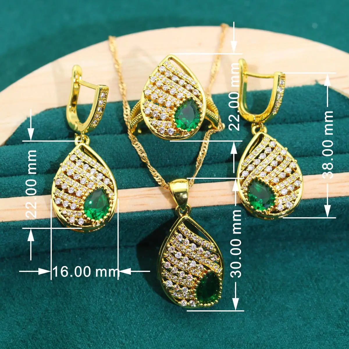 XOTICA Luxurious Green Zircon Bracelet Earrings Necklace Open Ring Set Women's Gold Color Jewelry for Party Halloween-Luxury Gifts