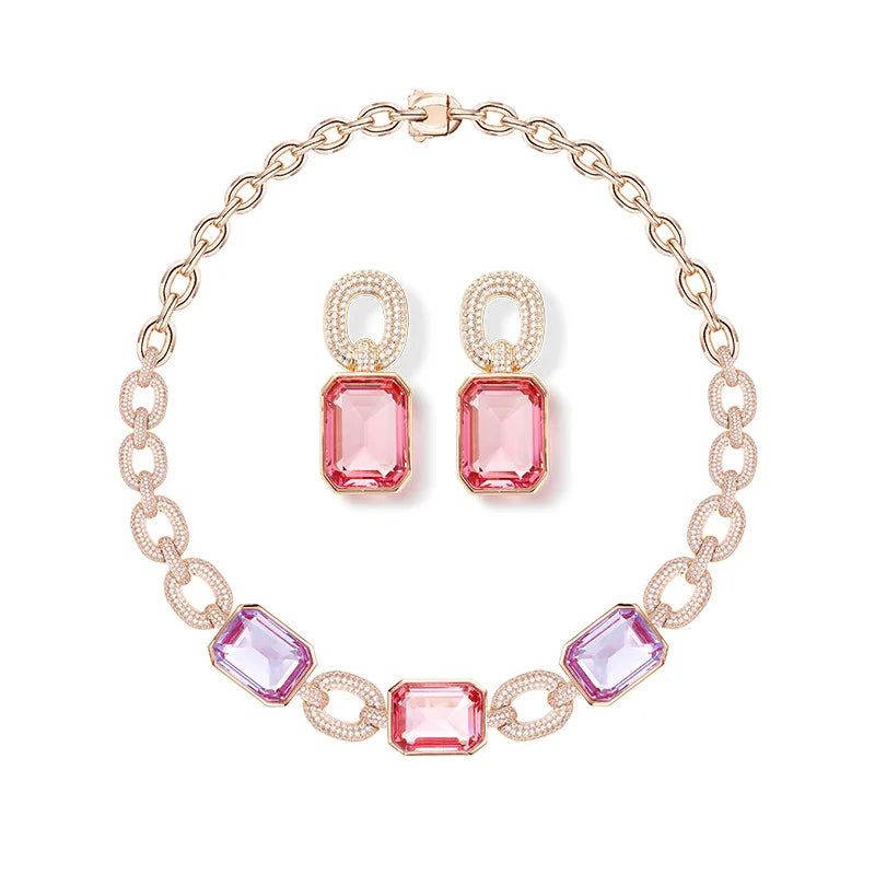Rose Gold Pink Purple Set Modern Geometric Cutting Gem Neck Chain Earring Combination Exquisite Spicy Girl Banquet Party Jewelry
