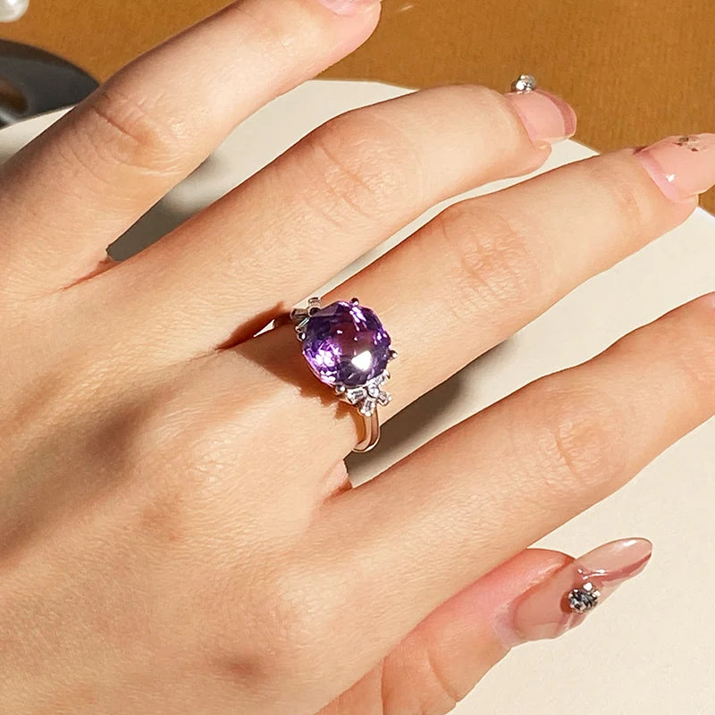 Natural  Amethyst 925 Sterling Silver Engagement Ring Rose Cut Gemstone for Weddings and Partie
