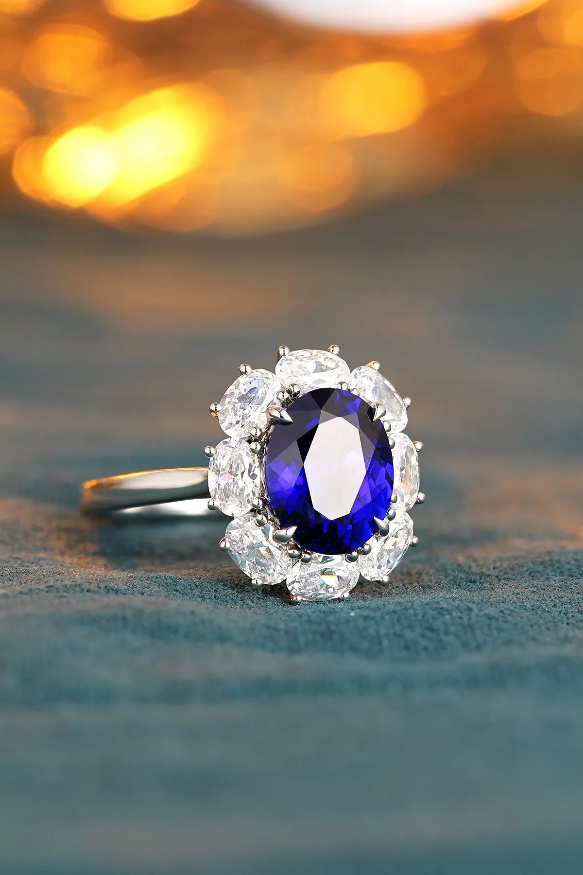 Gemfiori Anster Lab Made Diamonds and Ring S925 Sterling Silver Oval Cut Lab Created Blue Sapphire Women Ring