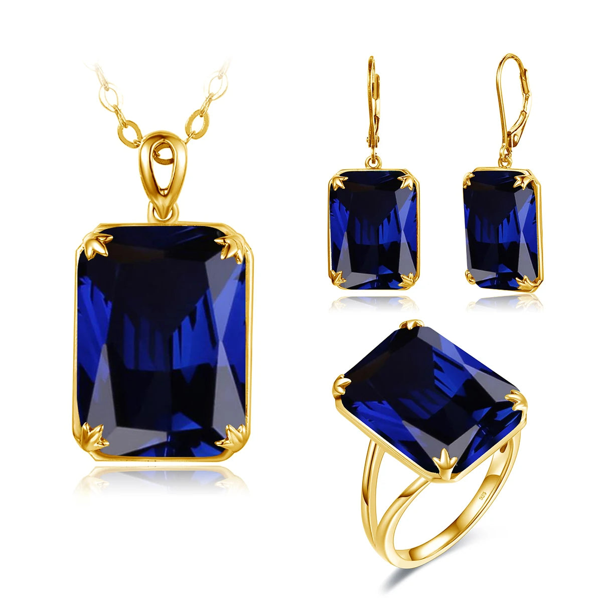 ArtistA Szjinao Women Sparkling Blue Sapphire Pendant Earrings Ring Set Real 925 Sterling Silver Gold Plated Luxury Jewelry Set