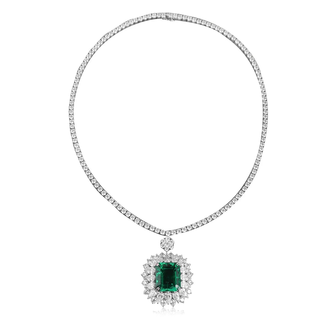 Gemfiori Anster Luxury Necklace S925 Lab Grown Emerald Necklace for Women 16/17/18inches Length Party Engagement Pendant Necklace