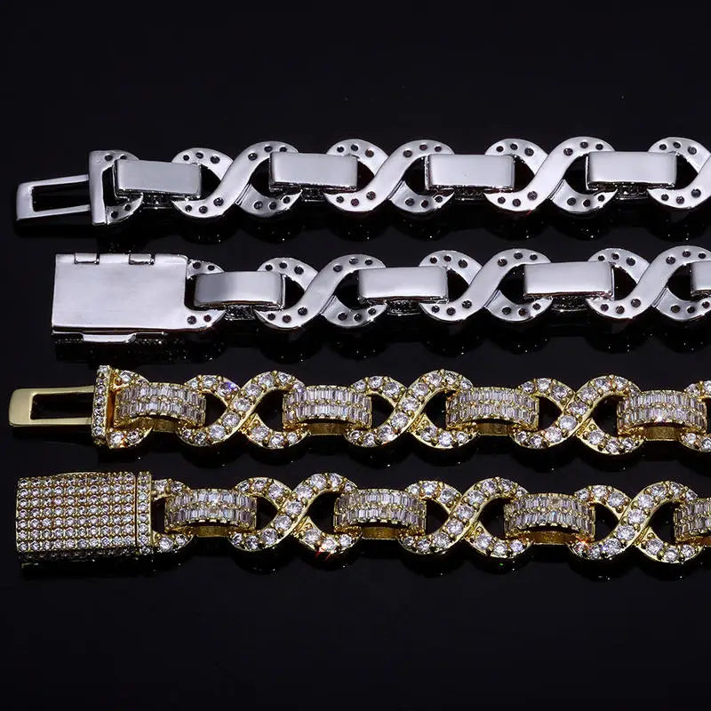 REBEL HY Trendy 10mm Geometric Square CZ Infinite Loop Hiphop Bling Bling Necklace Bracelet Set Gold Finish Fashion Sliver Cuban
