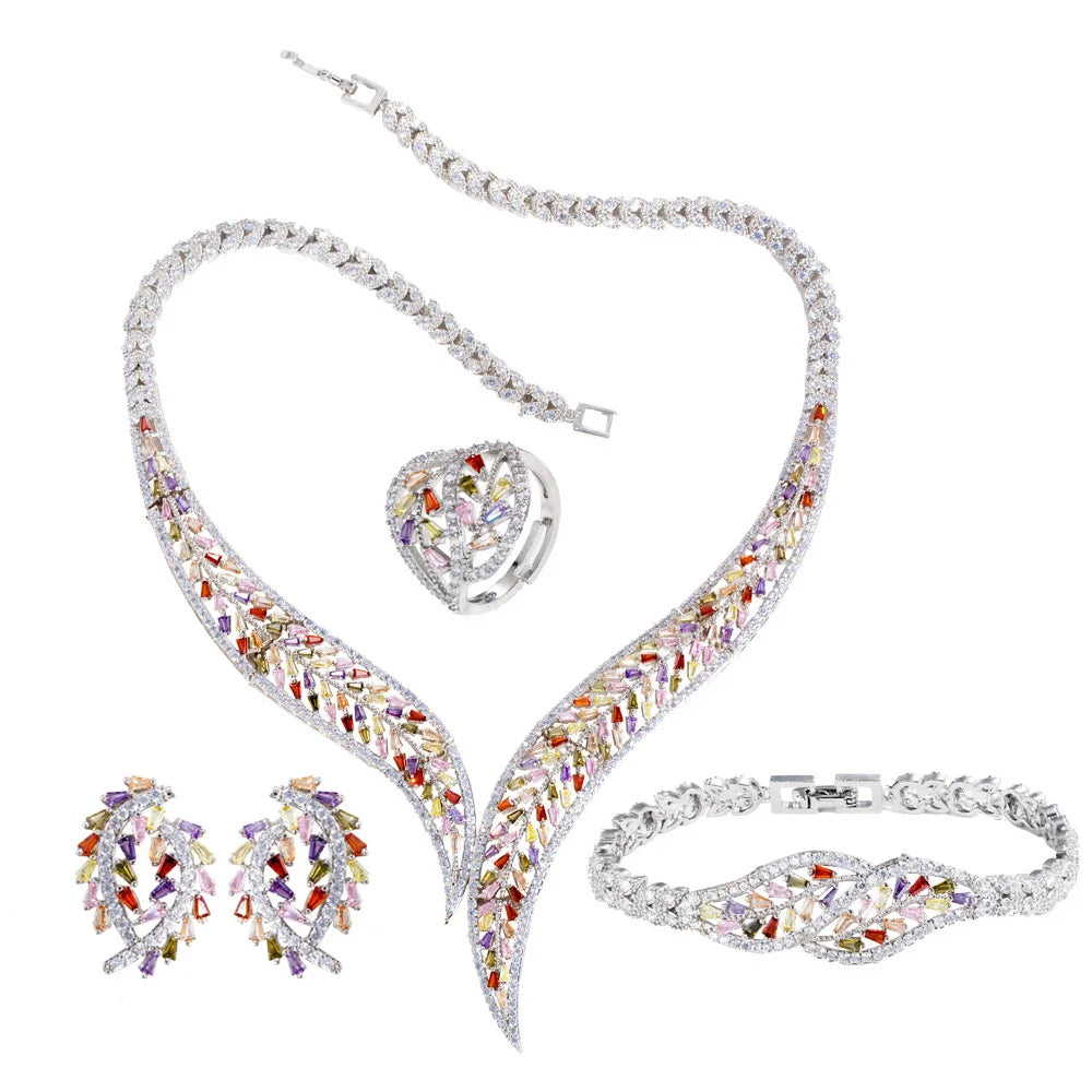 4Piece UAE Women Unique Leaf Shape African Multi Color CZ Necklace Earring Luxury Statement Wedding Party Jewelry Set for Brides