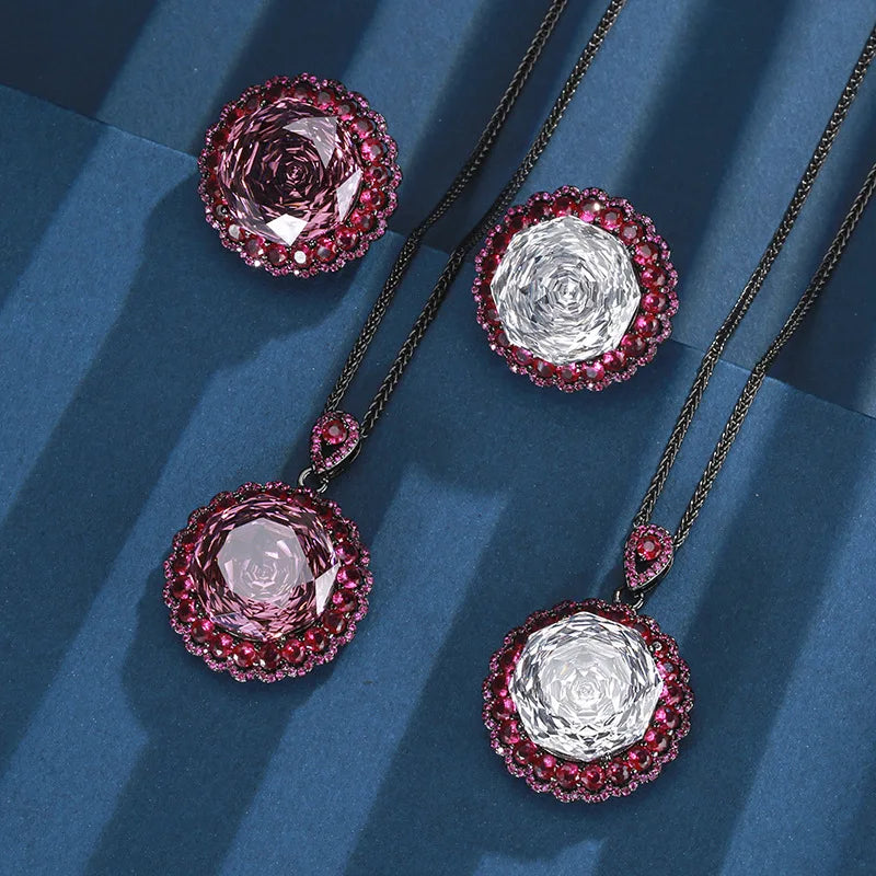 Gemfiori Luxury Women's Jewelry Set Necklace Ring Brass Gold-plated Rose Cutting Women's Wedding Party Jewelry
