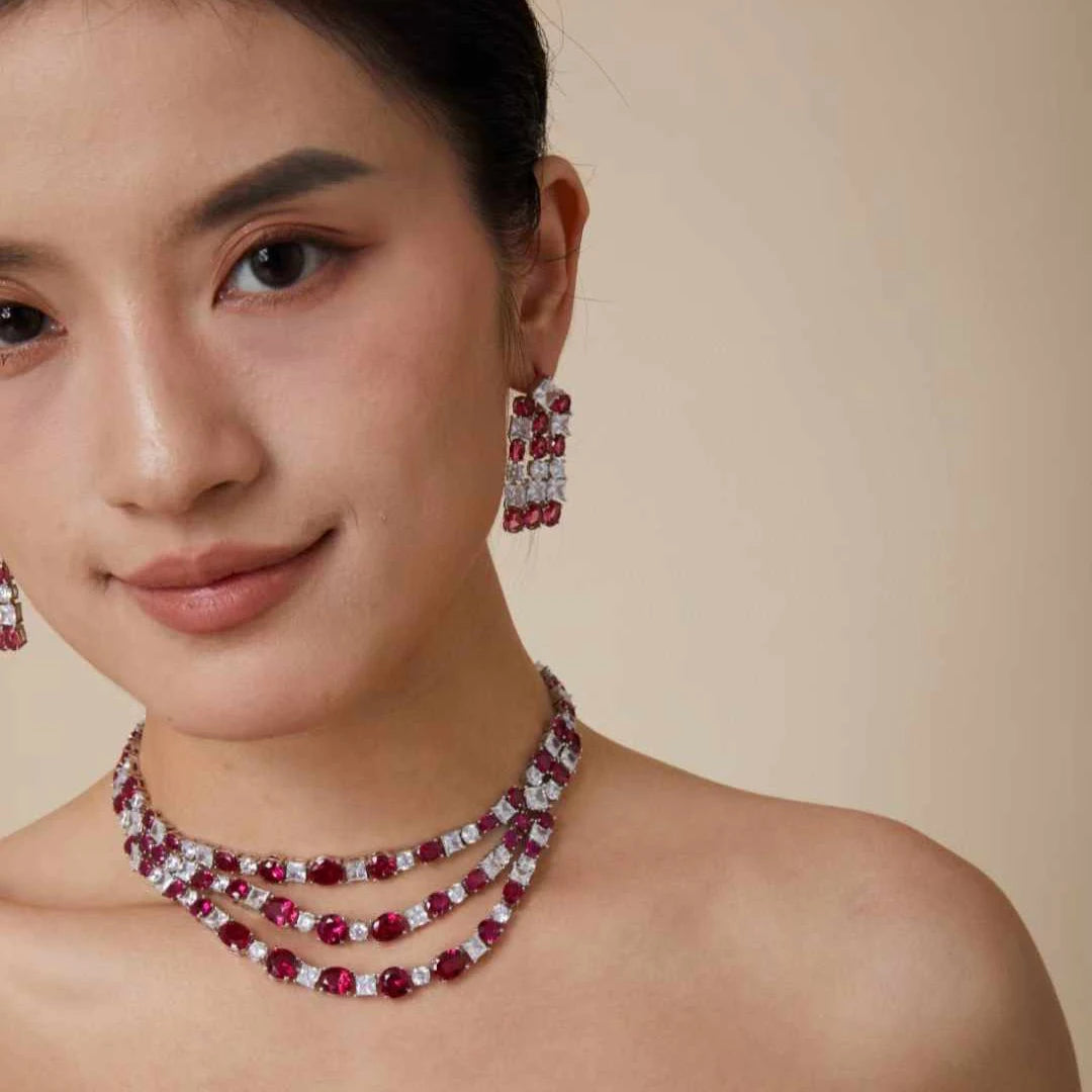 Luxury Red Ruby Zirconia Tennis Choker Necklace & Earrings Set — Rhodium Plated
