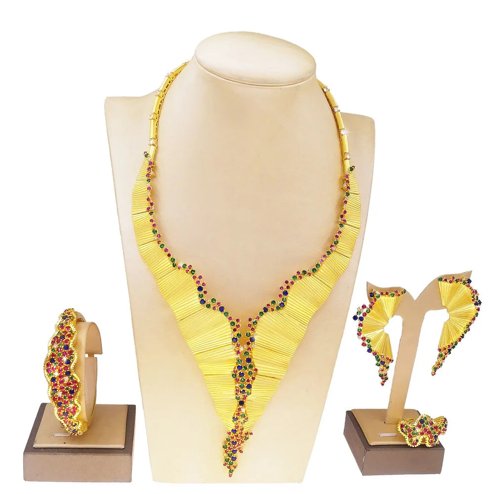 High End Luxury 18K Gold Plated Hyperbolic Africa Style Colorful Cubic Zirconia Full Paved 4 Pieces Jewelry Set