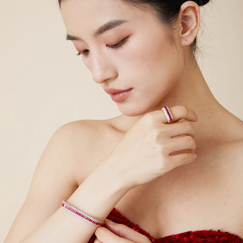 S&S High End Gold-plated Earrings Rings Bracelets Set Paired with square Red Gemstone Fashionable Couple Wedding Matching Jewelry
