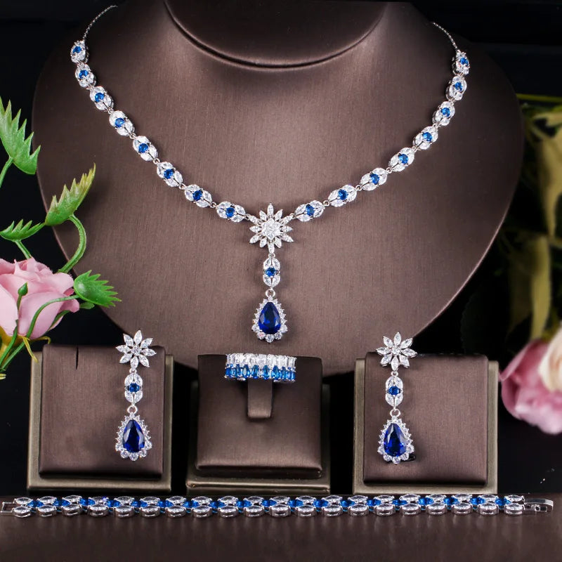 4pcs Bridal Jewelry Set for Wedding Blue Stone CZ Cubic Zircon Ring Earring Bracelets Necklace for Women Jewelry Accessories
