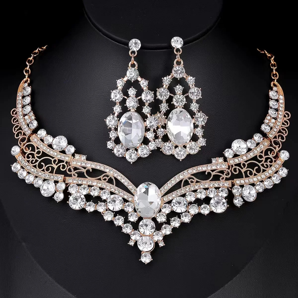 XM S370 Rose Gold Plated Princess Cut Zircon Floral Statement Necklace & Earrings Bridal Set