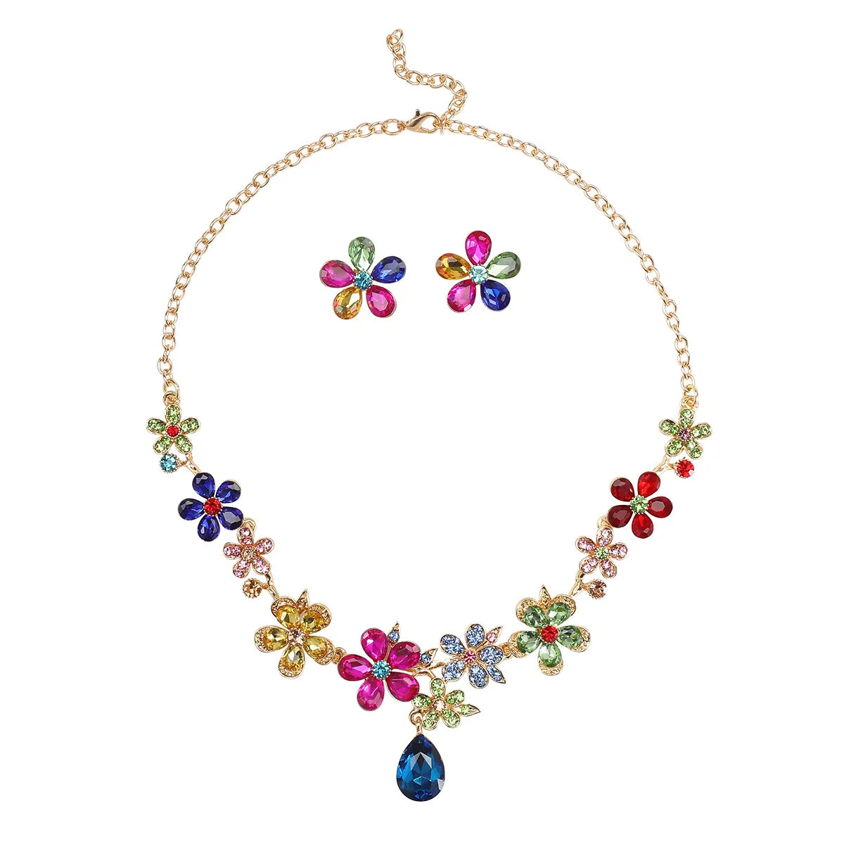 Crystal Flower Drop Necklace & Earrings Jewellery Set | Bridal & Party Occasion Fashion Set