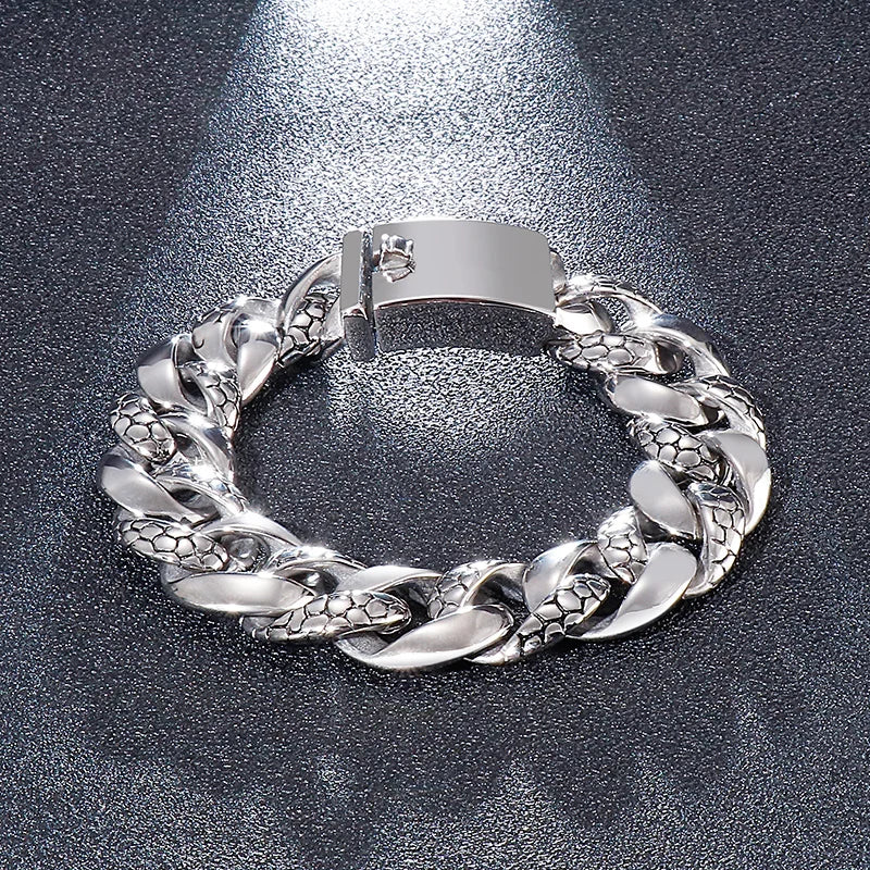REBEL Polished/Matte Fine Jewelry Fashion Bracelets Men Stainless Steel Snake Skin Cuban Links Bracelet Bangle