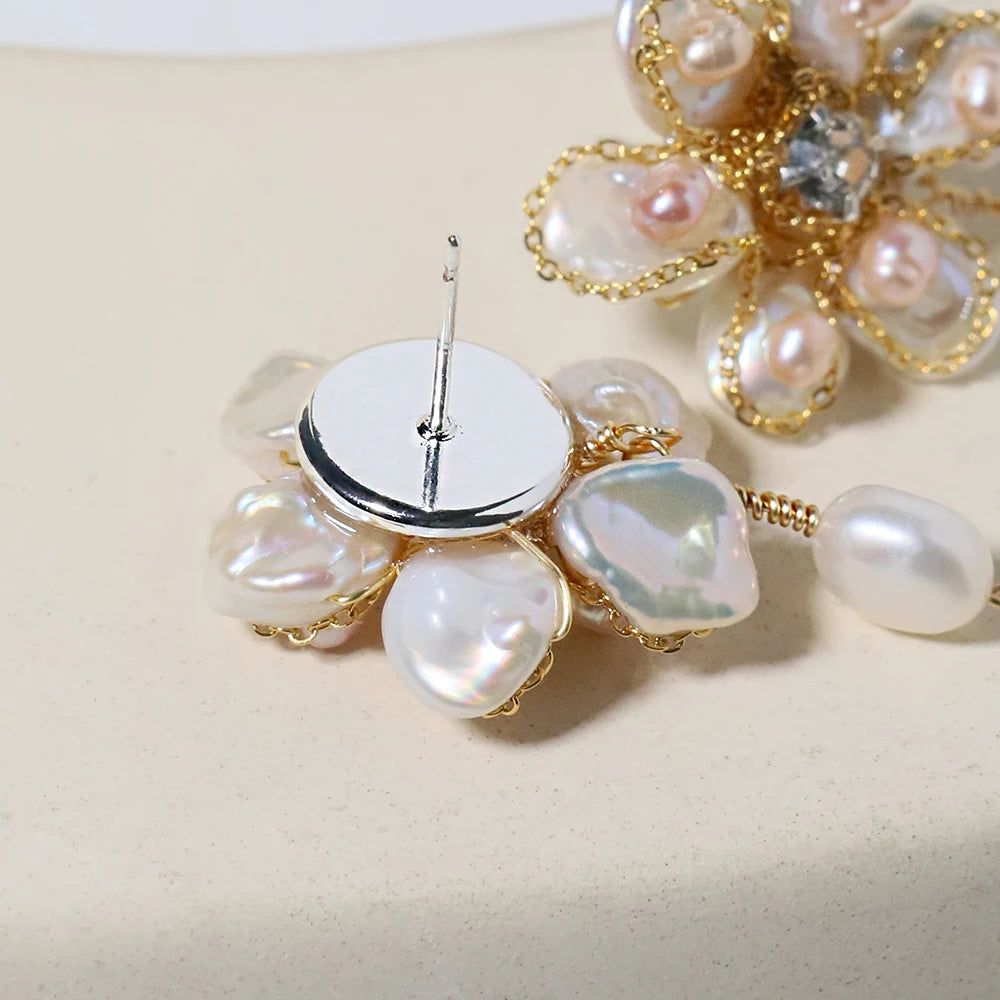 Natural Baroque Pearl Petal Flower Earrings for Women Korean Classic Vintage Fashion Jewelry Earrings GE1594