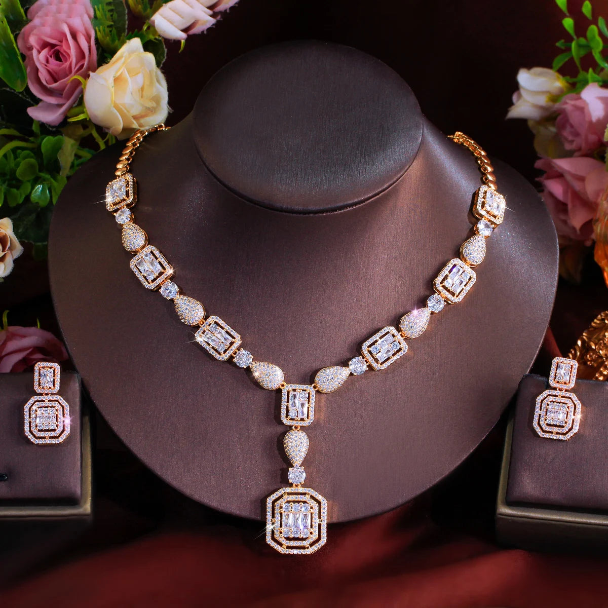 Elegant Cubic Zirconia Brazilian Gold Plated African Nigerian Necklace and Earrings Bridal Jewelry Sets for Women Wedding Party